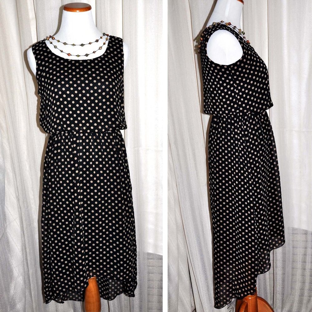 Pretty Woman Brown & Tan Polka Dot Blouson Asymmetrical Hem Sleeveless Dress